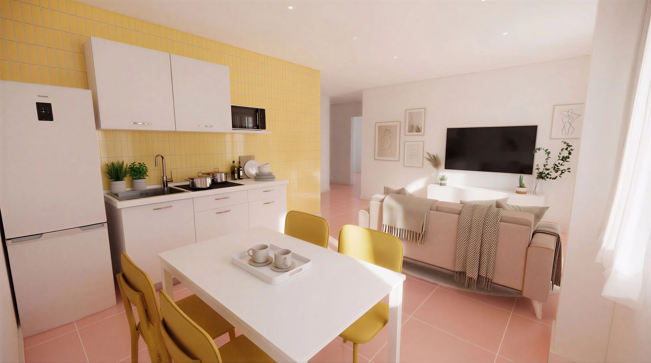 Open-plan kitchen, dining and living area with yellow tile accents at Flamingo Apartments