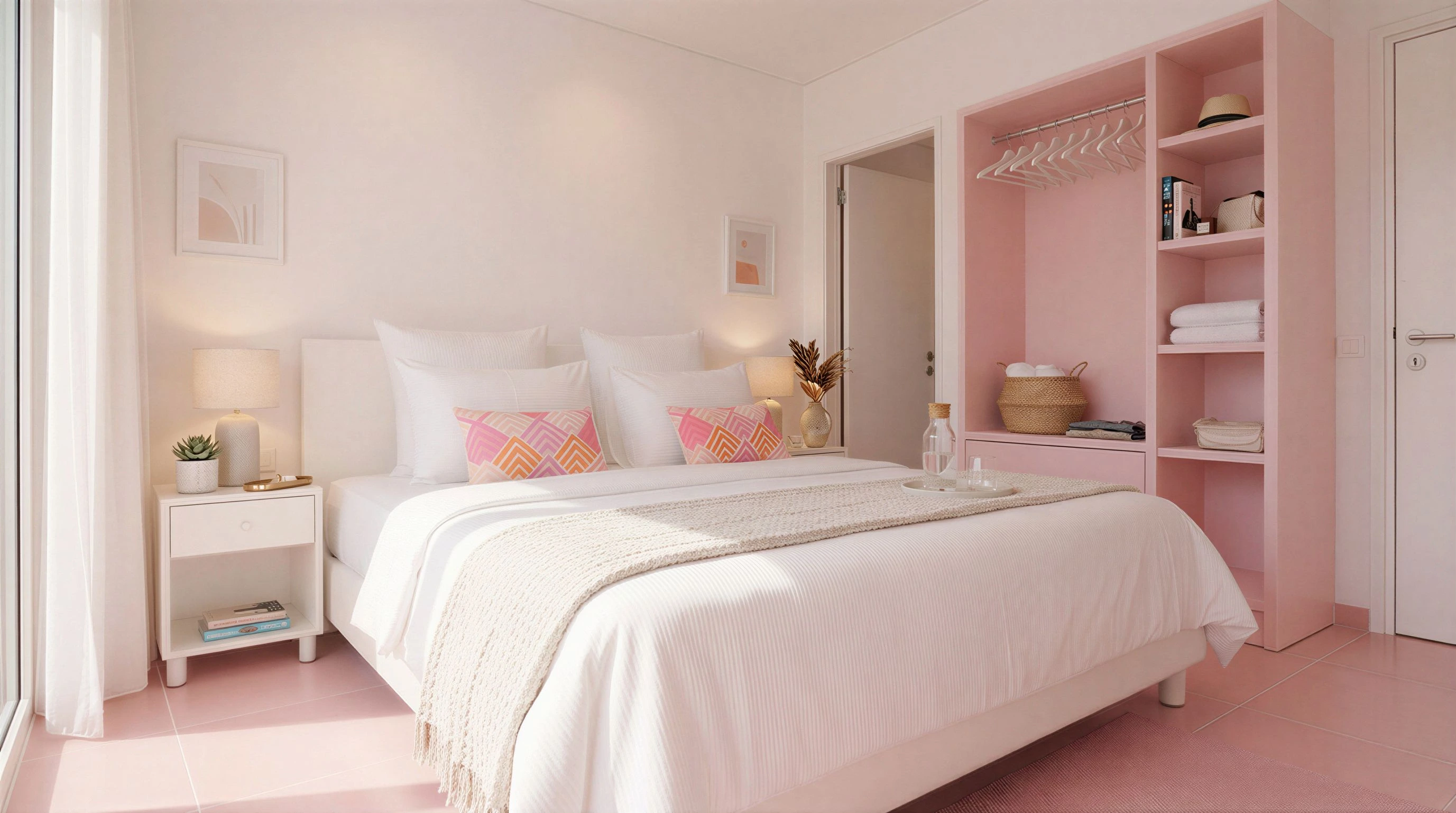 Master bedroom with pink accents and double bed in a 2-bedroom Flamingo apartment