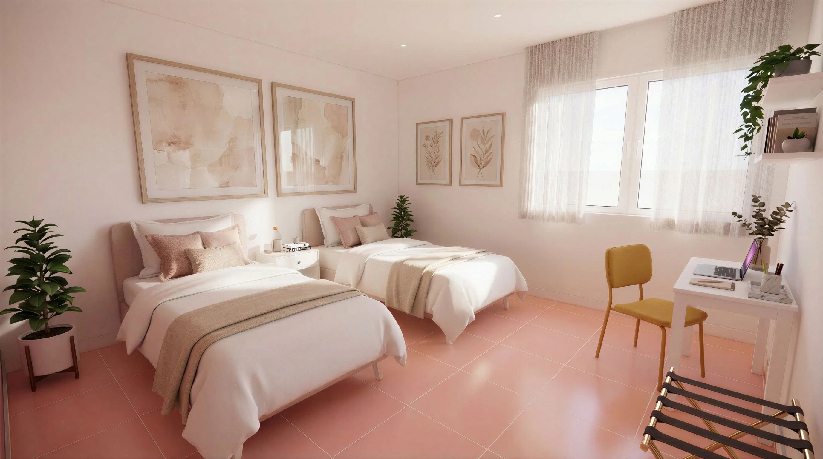 Twin bedroom with pastel decor in a 2-bedroom Flamingo apartment