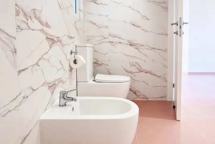 Bidet and toilet against pink-veined tiles, the door open beside them