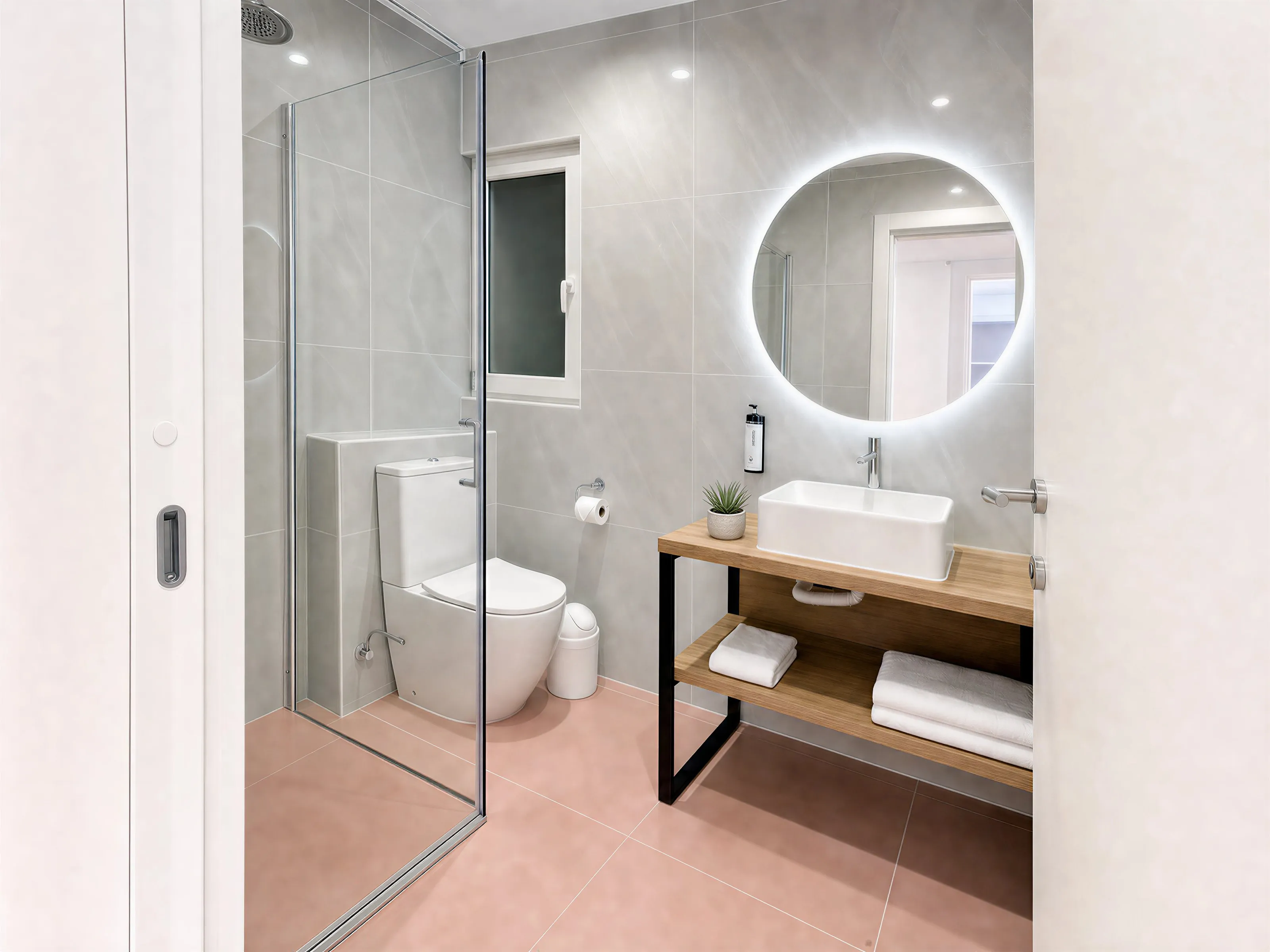 Grey-tiled bathroom with a glass shower, round backlit mirror and basin