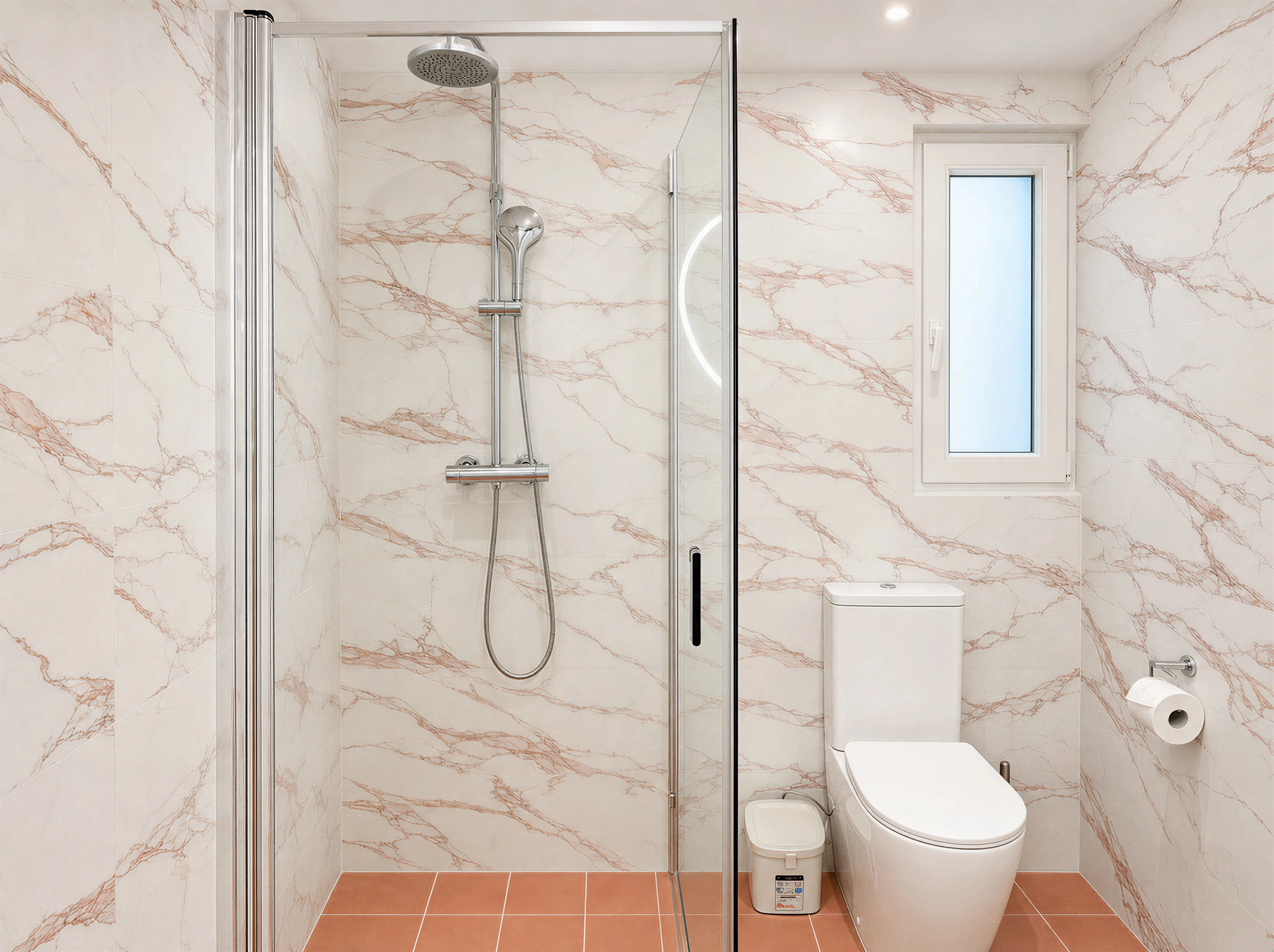 En-suite bathroom with walk-in glass rain shower and marble finish at The Flamingo Apartments