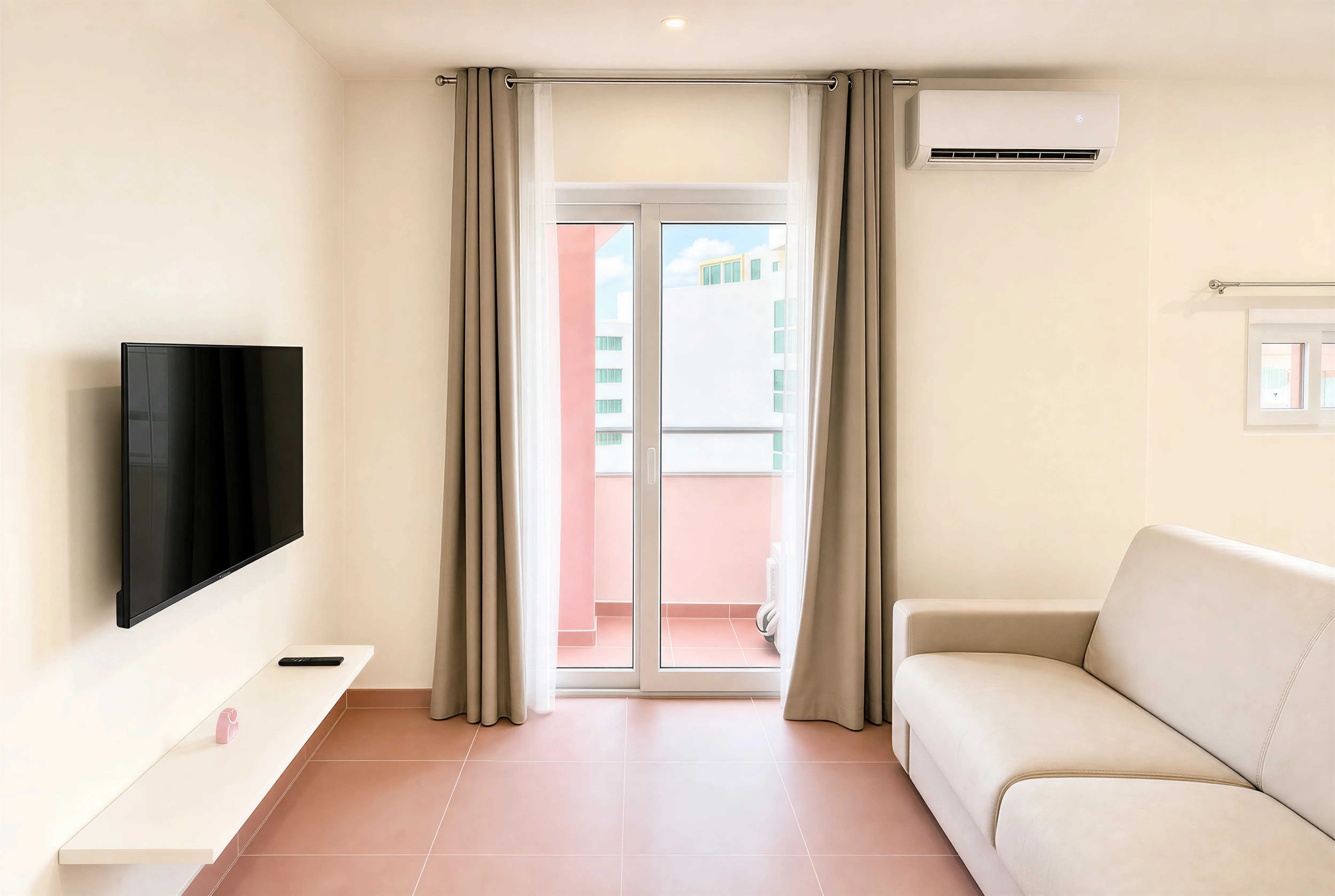 Living room with wall-mounted TV, cream sofa and glass doors to the balcony