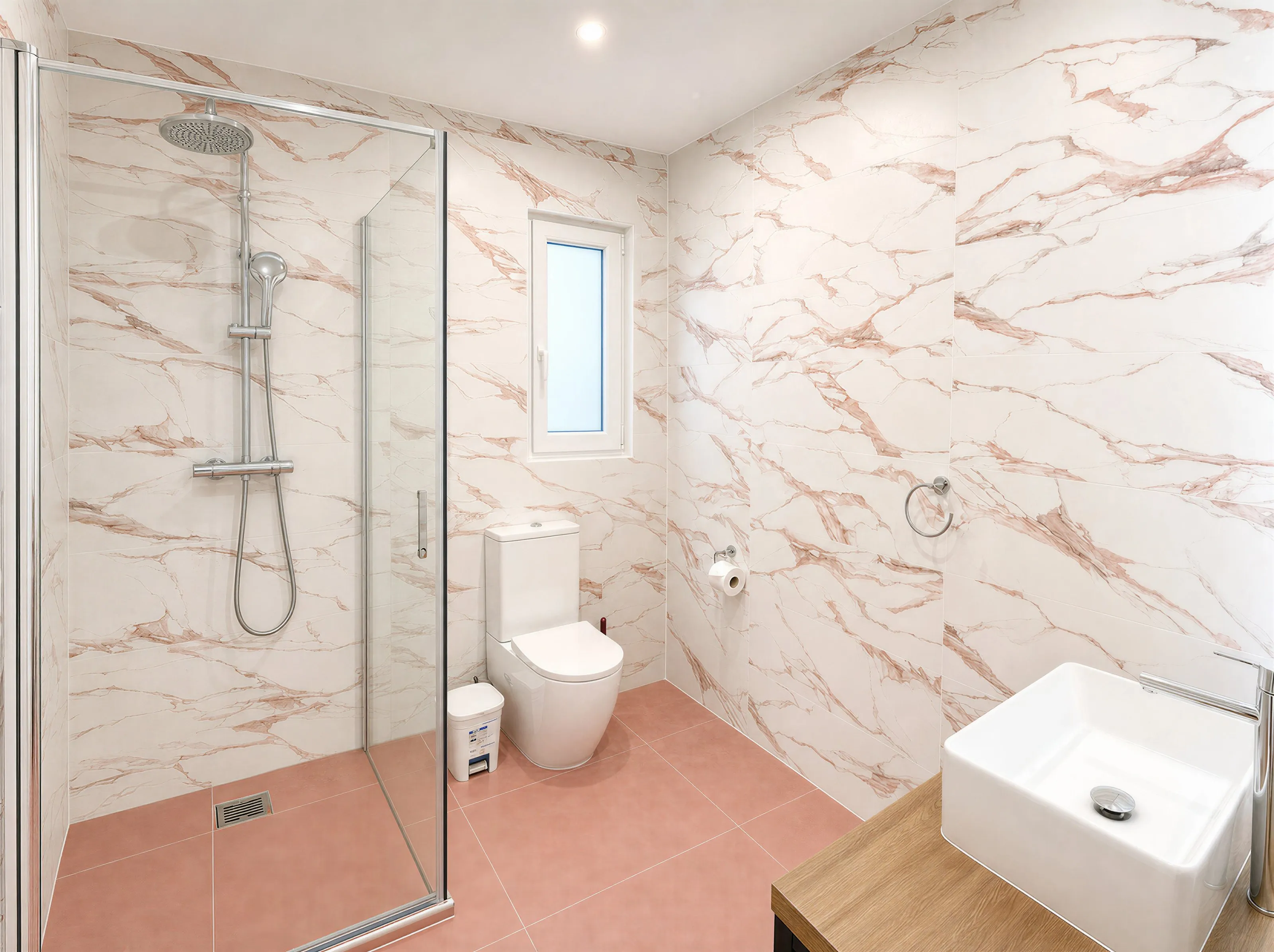 Bathroom with a walk-in glass shower, toilet, basin and pink-veined tiles